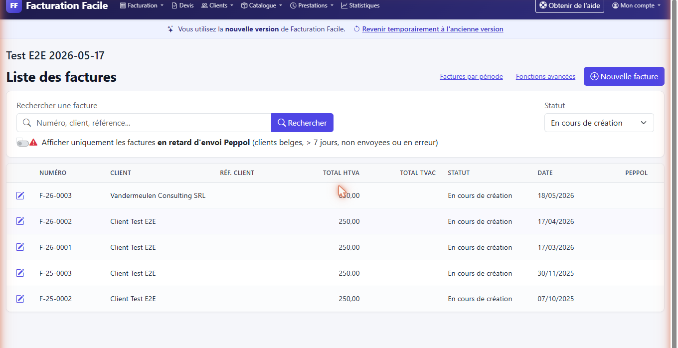Liste des factures dans Facturation Facile